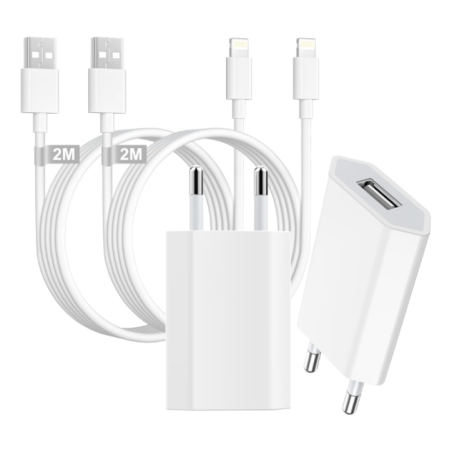 Lot de 2 Chargeurs Secteur USB + 2 Câbles Lightning 2m - Charge Rapide iPhone iPad